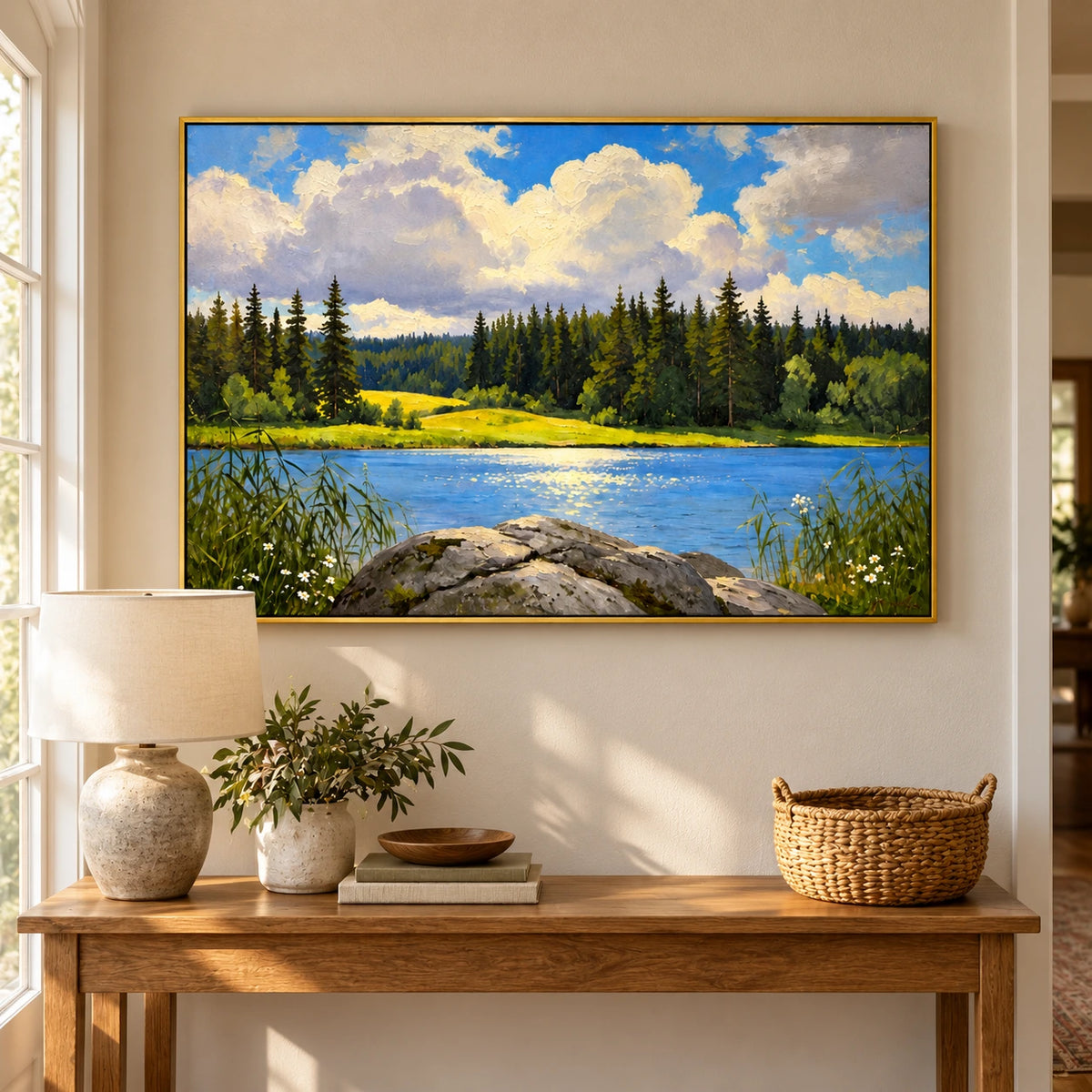Sunlit Forest Lake Oil Painting | Blue Water Pine Trees White Clouds and Shoreline Rocks Horizontal Landscape Wall Art #OA 1701