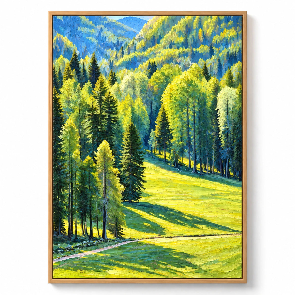 Sunlit Green Forest and Meadow Oil Painting | Pine Trees Mountain Valley Textured Vertical Landscape Wall Art OA 1669