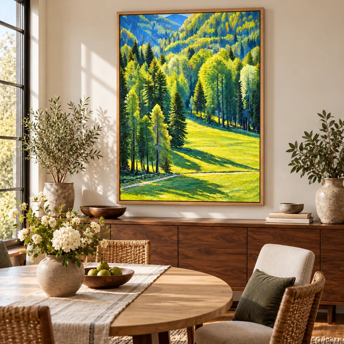 Sunlit Green Forest and Meadow Oil Painting | Pine Trees Mountain Valley Textured Vertical Landscape Wall Art OA 1669