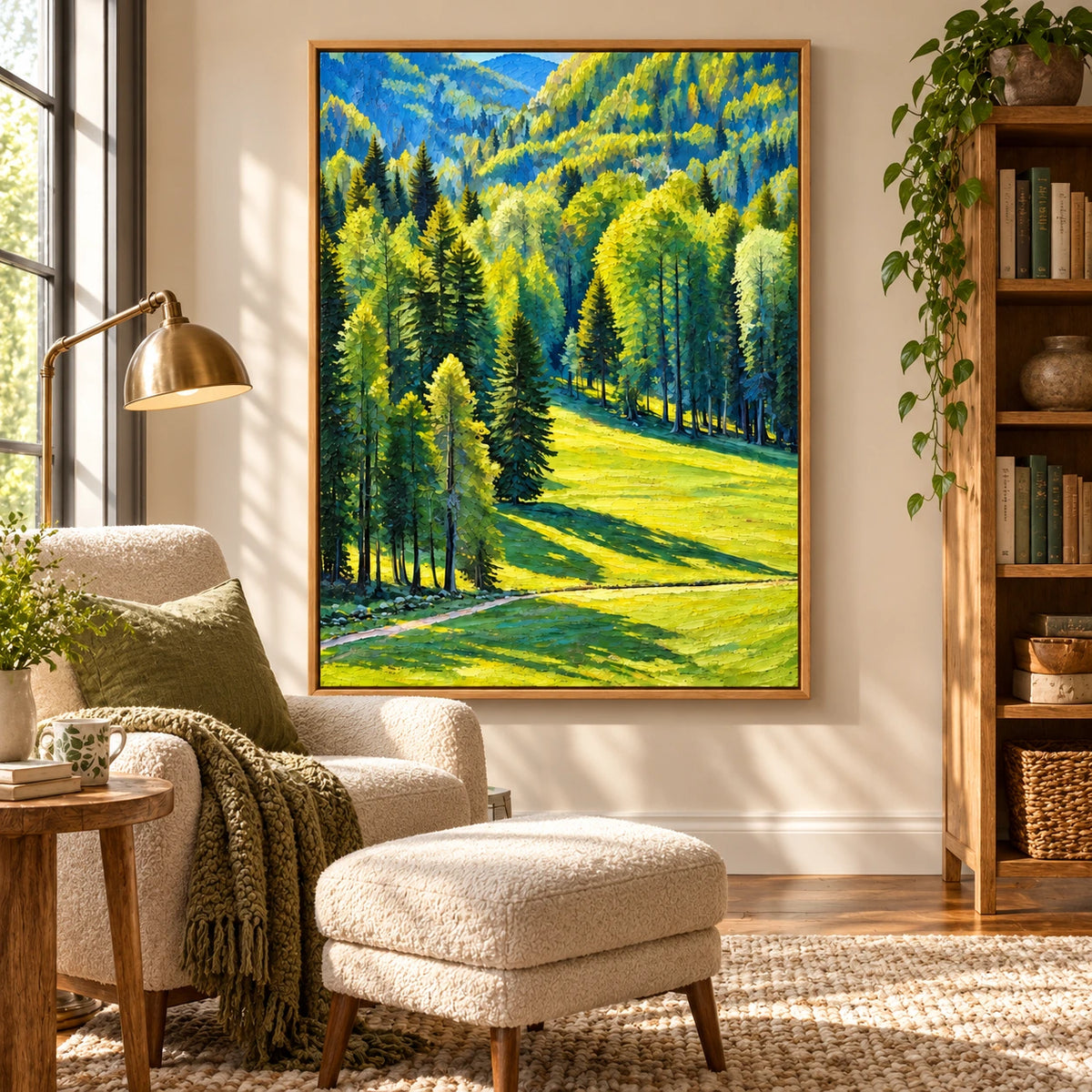Sunlit Green Forest and Meadow Oil Painting | Pine Trees Mountain Valley Textured Vertical Landscape Wall Art OA 1669