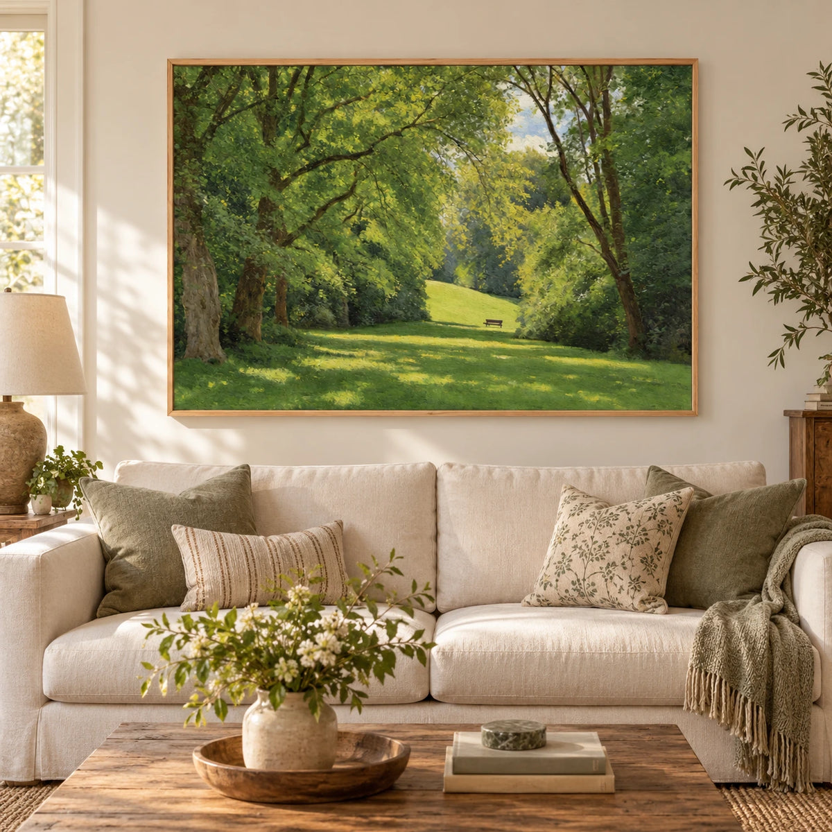 Sunlit Green Park and Woodland Hand-Painted Oil Painting | Horizontal Textured Canvas Wall Art #OA 1884