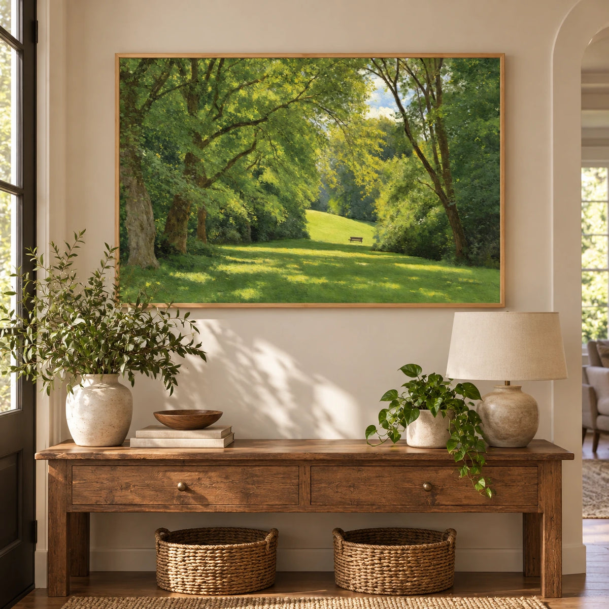 Sunlit Green Park and Woodland Hand-Painted Oil Painting | Horizontal Textured Canvas Wall Art #OA 1884