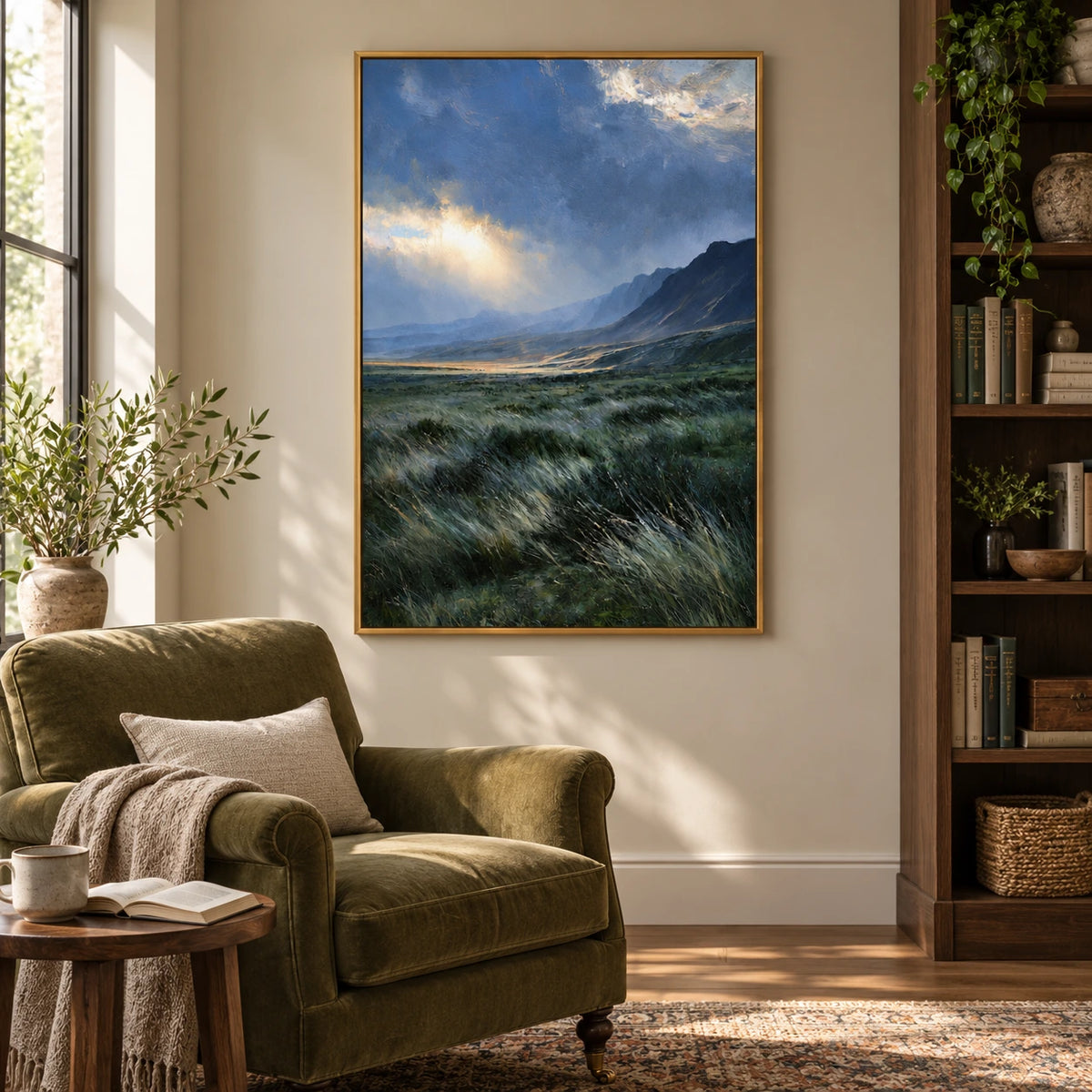 Sunlit Mountain Valley Oil Painting | Blue Grey Sky and Green Grass Textured Vertical Landscape Wall Art OA 1778