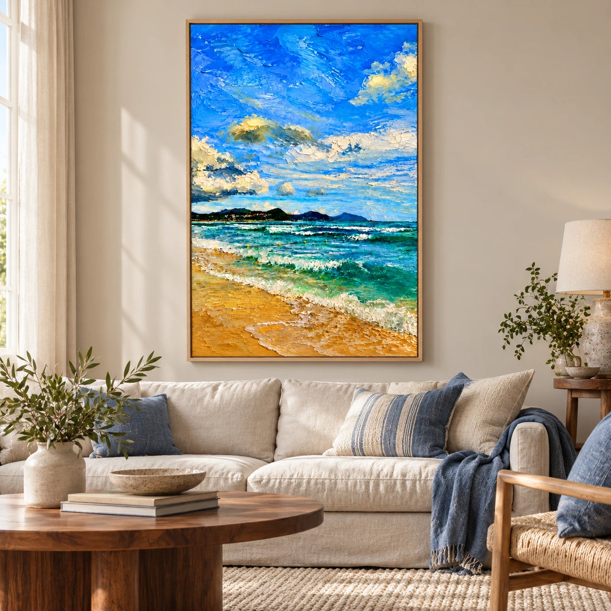 Sunny Beach and Turquoise Ocean Oil Painting | Blue Sky White Clouds and Golden Sand Impasto Coastal Wall Art #OA 1651