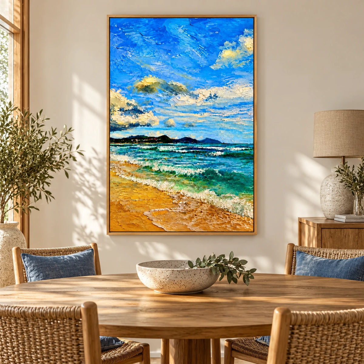 Sunny Beach and Turquoise Ocean Oil Painting | Blue Sky White Clouds and Golden Sand Impasto Coastal Wall Art #OA 1651