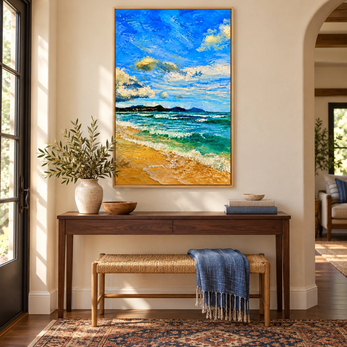 Sunny Beach and Turquoise Ocean Oil Painting | Blue Sky White Clouds and Golden Sand Impasto Coastal Wall Art #OA 1651