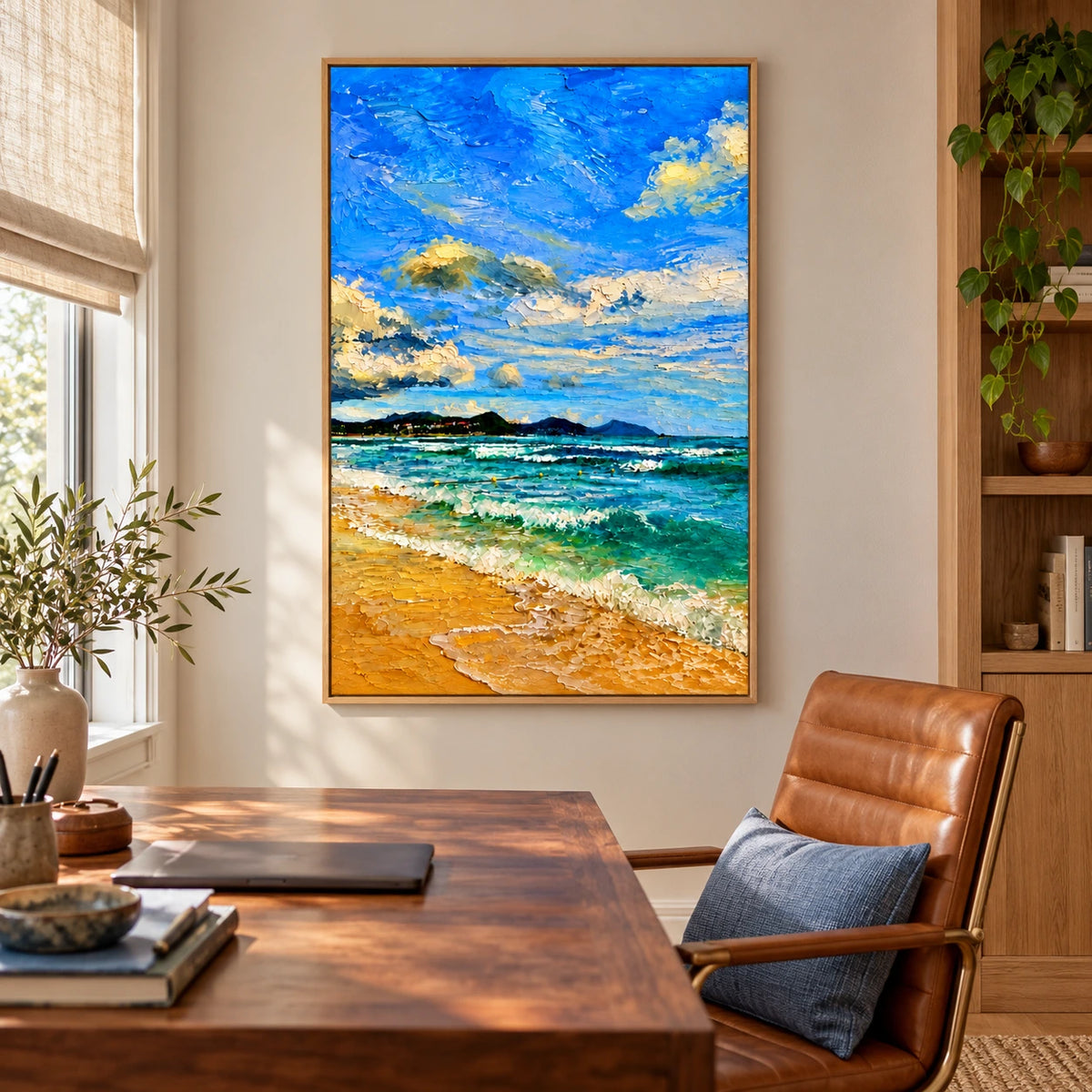 Sunny Beach and Turquoise Ocean Oil Painting | Blue Sky White Clouds and Golden Sand Impasto Coastal Wall Art #OA 1651