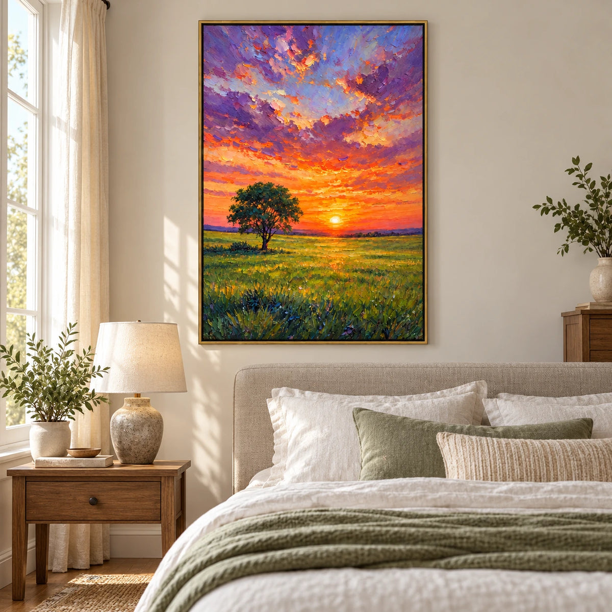 Sunset Meadow with Lone Tree Oil Painting | Orange Sun Purple Clouds and Green Field Textured Vertical Landscape Wall Art #OA 1727