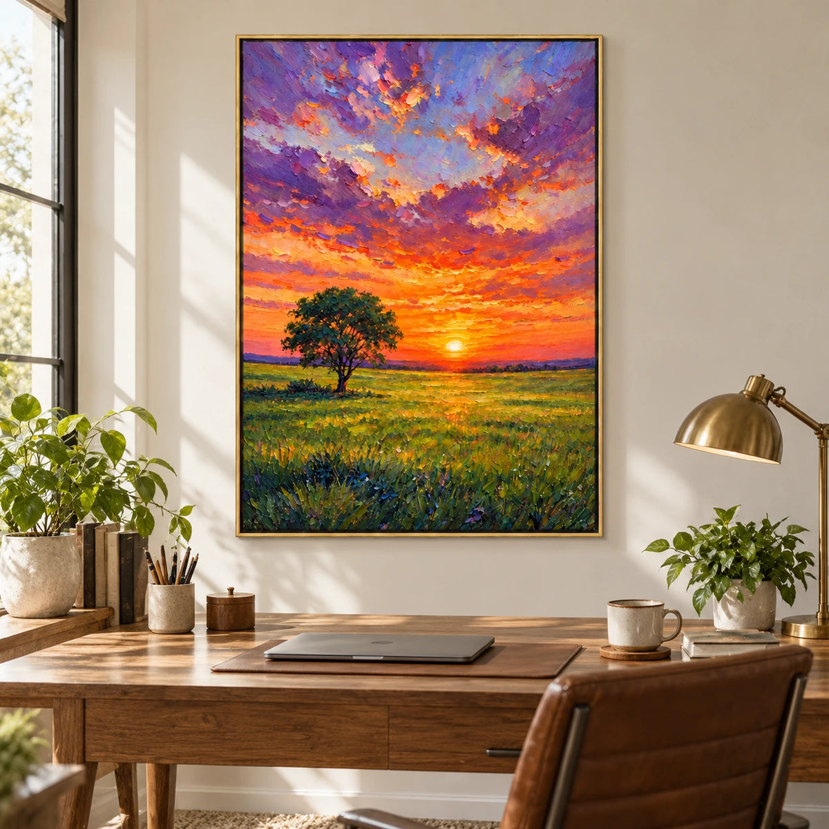Sunset Meadow with Lone Tree Oil Painting | Orange Sun Purple Clouds and Green Field Textured Vertical Landscape Wall Art #OA 1727