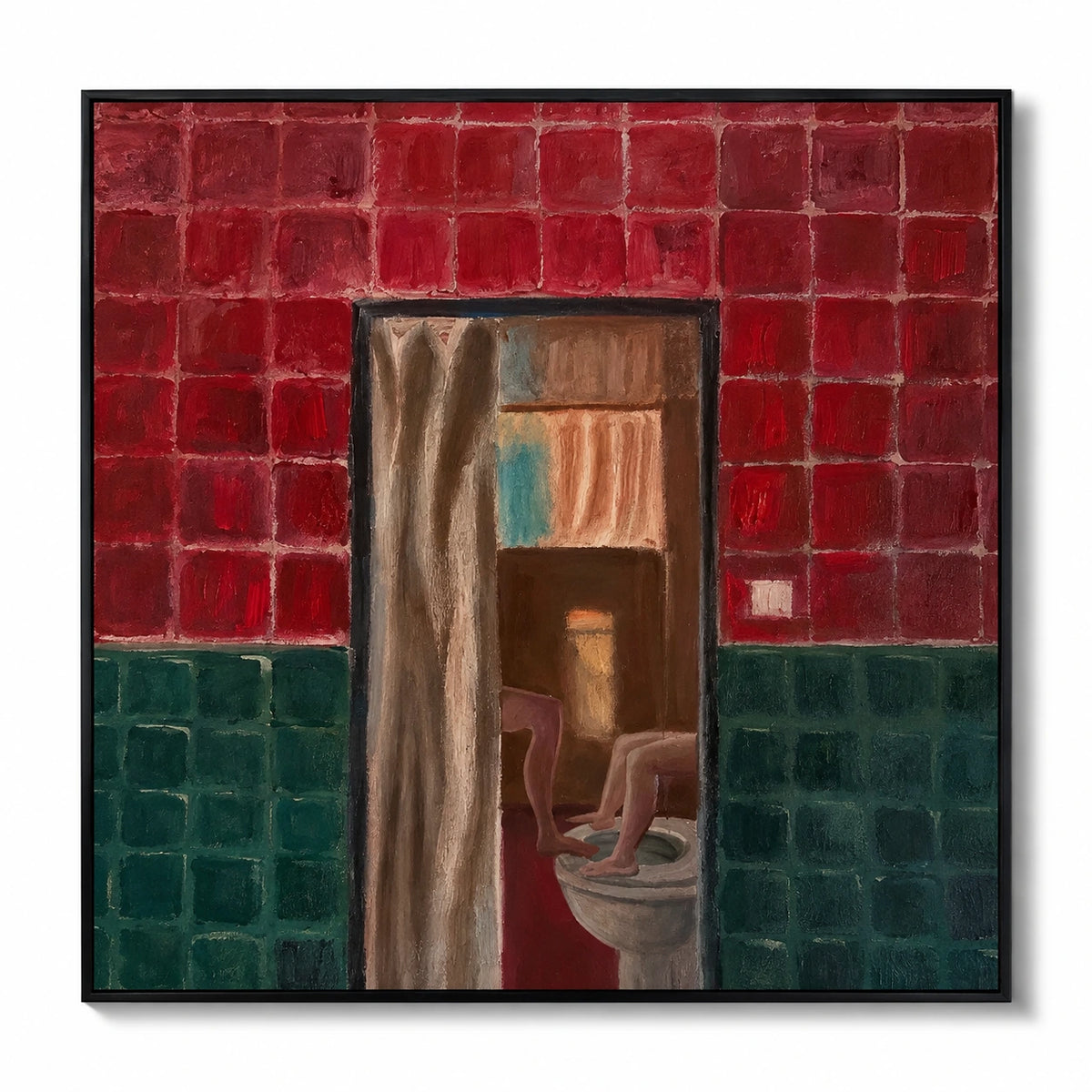 Surreal Bathroom Doorway Oil Painting | Red and Green Tiles with Playful Figures Square Figurative Wall Art #OA 1650