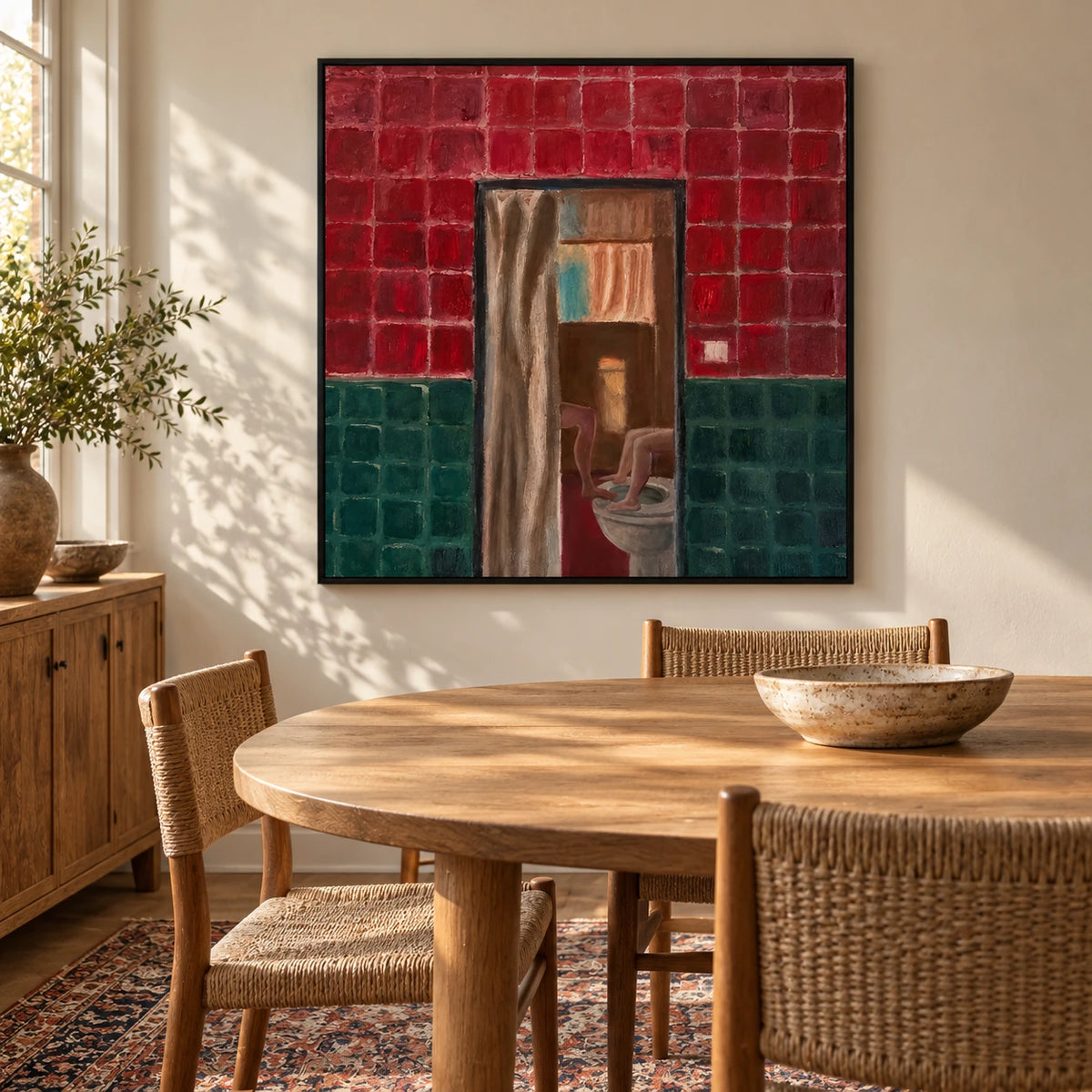 Surreal Bathroom Doorway Oil Painting | Red and Green Tiles with Playful Figures Square Figurative Wall Art #OA 1650