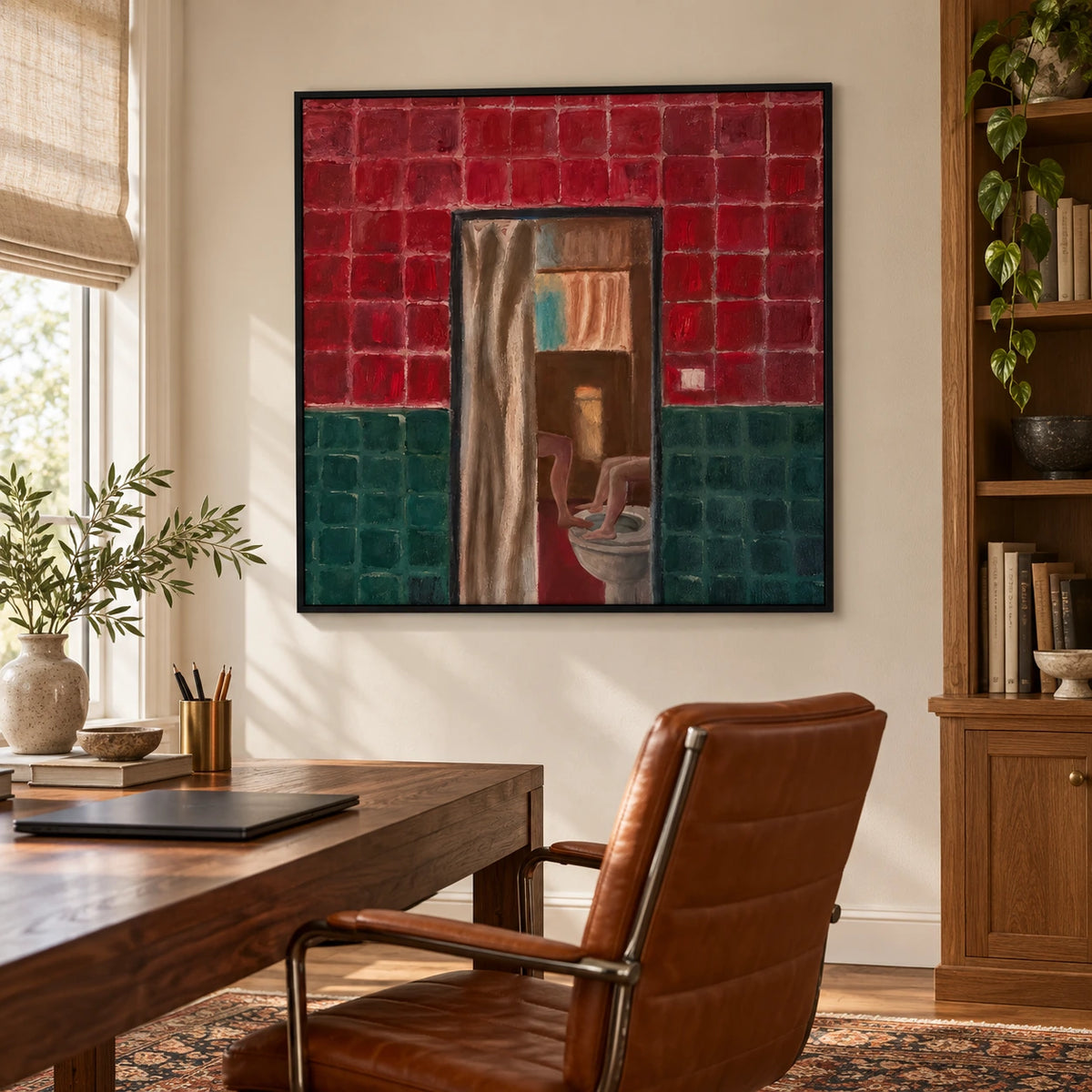 Surreal Bathroom Doorway Oil Painting | Red and Green Tiles with Playful Figures Square Figurative Wall Art #OA 1650