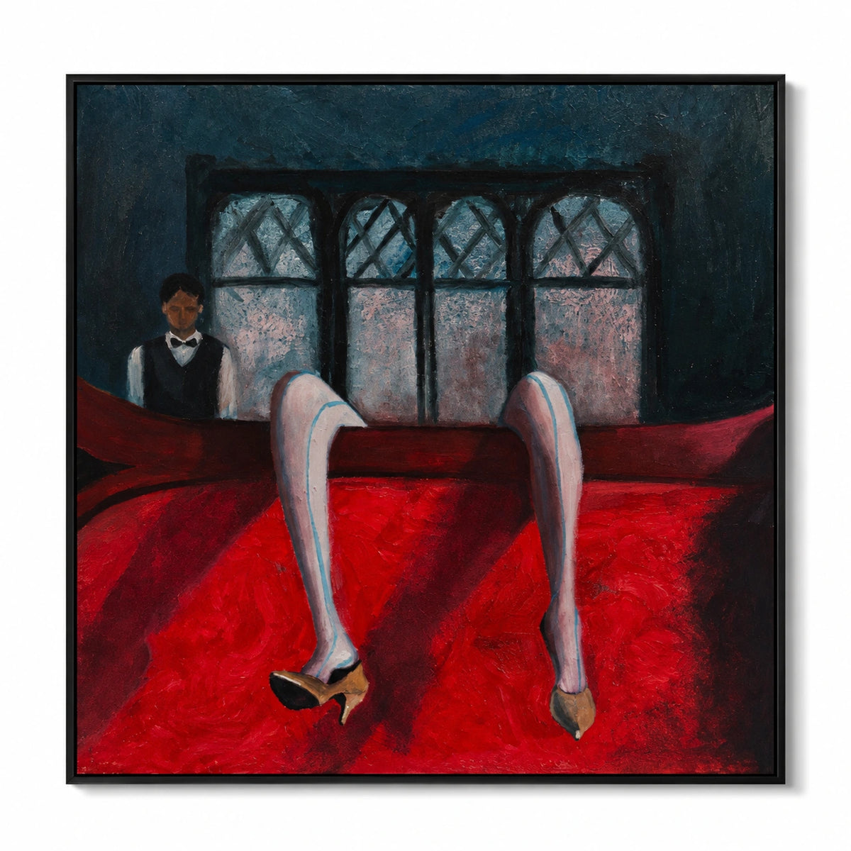 Surreal Billiard Table and High Heels Oil Painting | Red Black and Blue Figurative Square Wall Art OA 1663