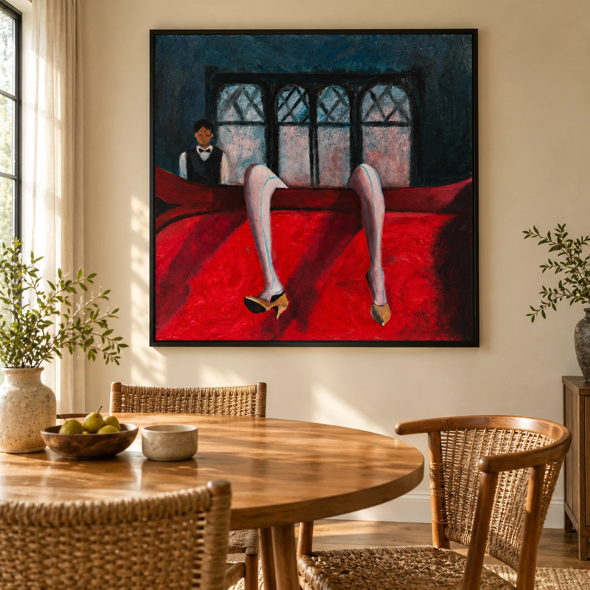 Surreal Billiard Table and High Heels Oil Painting | Red Black and Blue Figurative Square Wall Art OA 1663