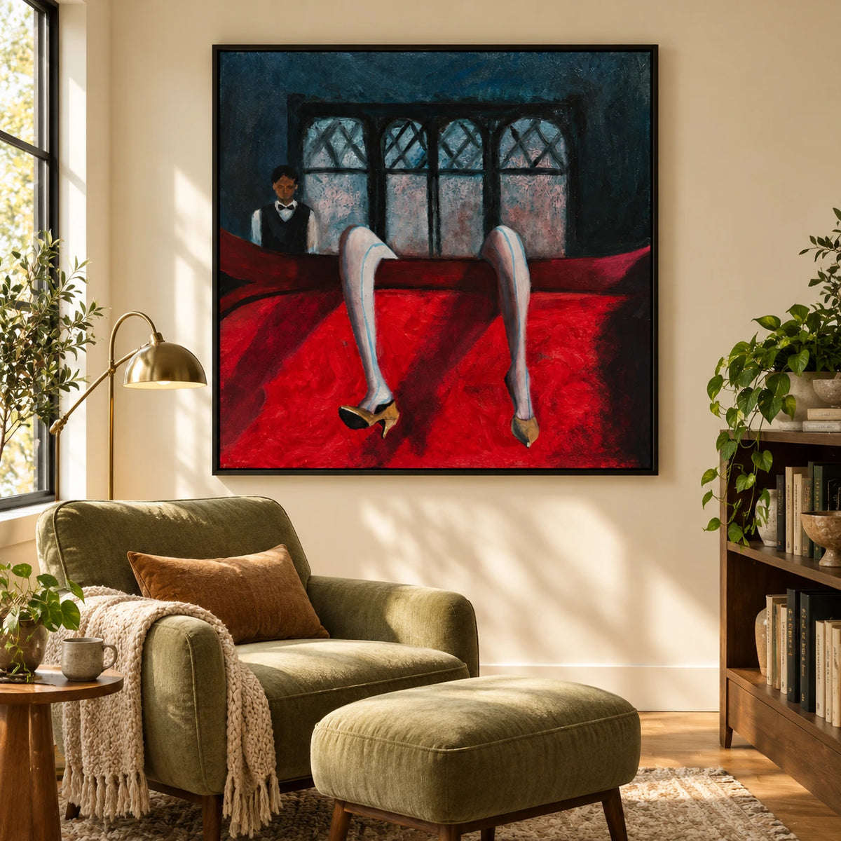 Surreal Billiard Table and High Heels Oil Painting | Red Black and Blue Figurative Square Wall Art OA 1663