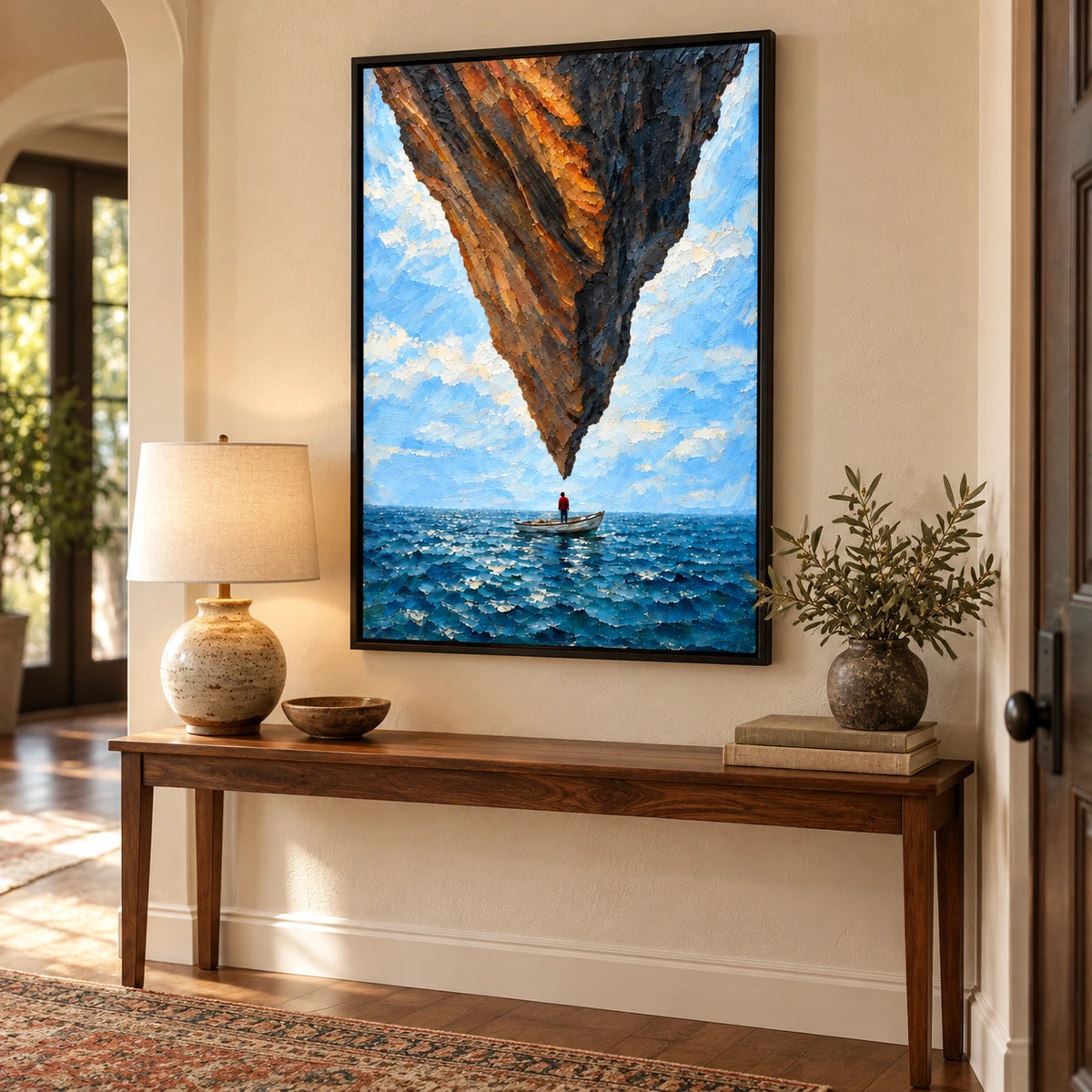 Surreal Floating Rock and Boat Oil Painting | Blue Ocean Impasto Fantasy Seascape Vertical Wall Art #OA 1632