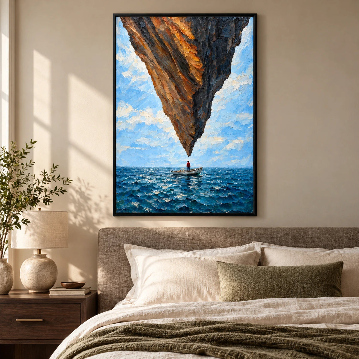Surreal Floating Rock and Boat Oil Painting | Blue Ocean Impasto Fantasy Seascape Vertical Wall Art #OA 1632