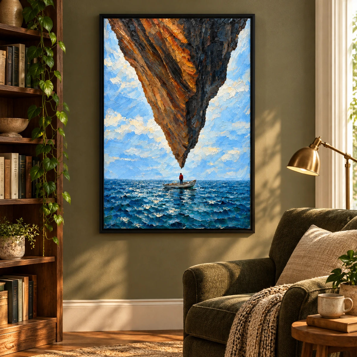 Surreal Floating Rock and Boat Oil Painting | Blue Ocean Impasto Fantasy Seascape Vertical Wall Art #OA 1632