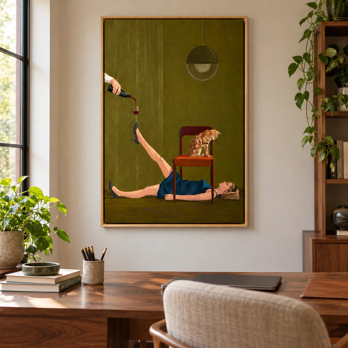 Surreal Woman Balancing Wine Glass with Cat Oil Painting | Green Interior High Heel Figurative Wall Art #OA 1684