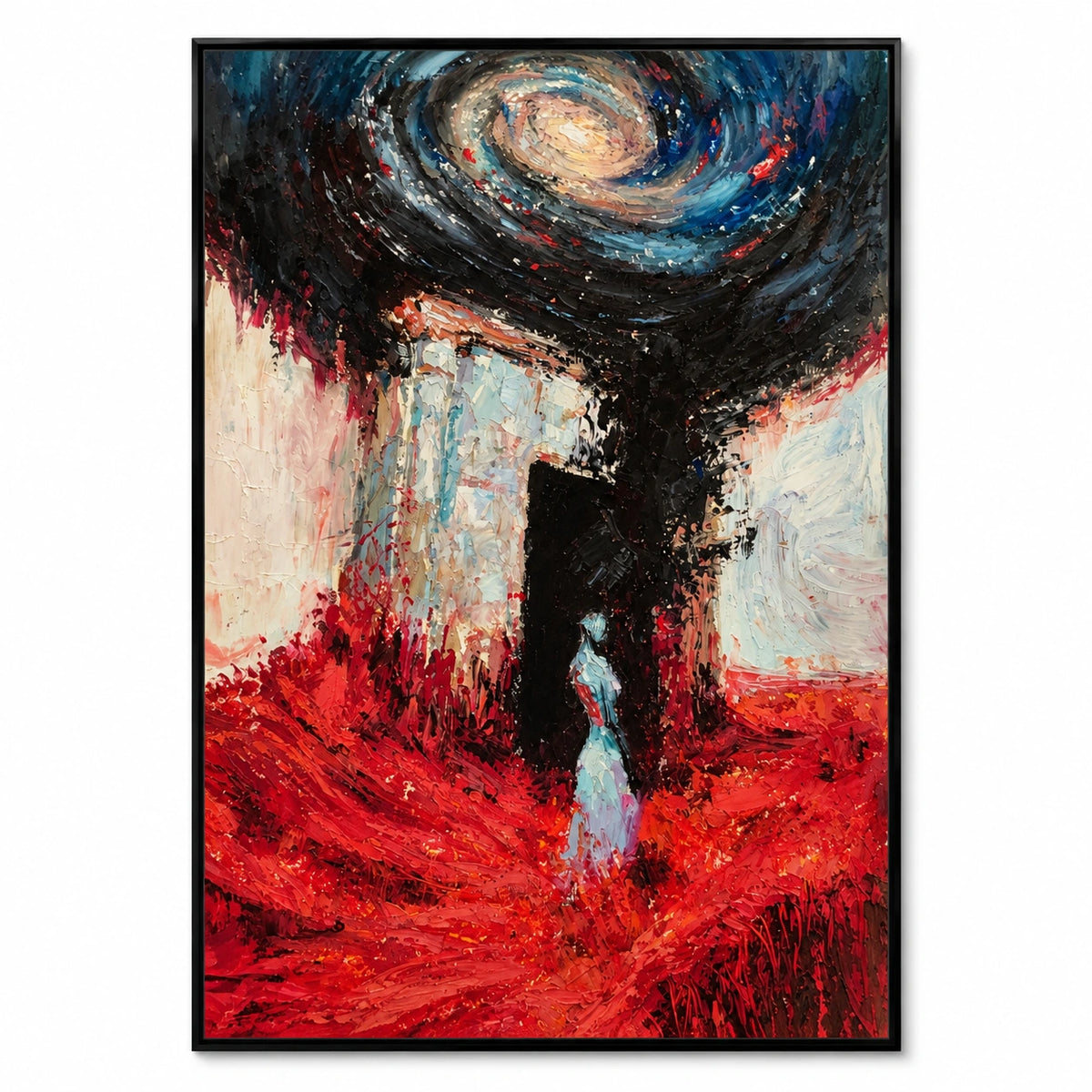 Surreal Woman and Spiral Galaxy Oil Painting | Red Blue and Black Textured Fantasy Figurative Wall Art #OA 1639