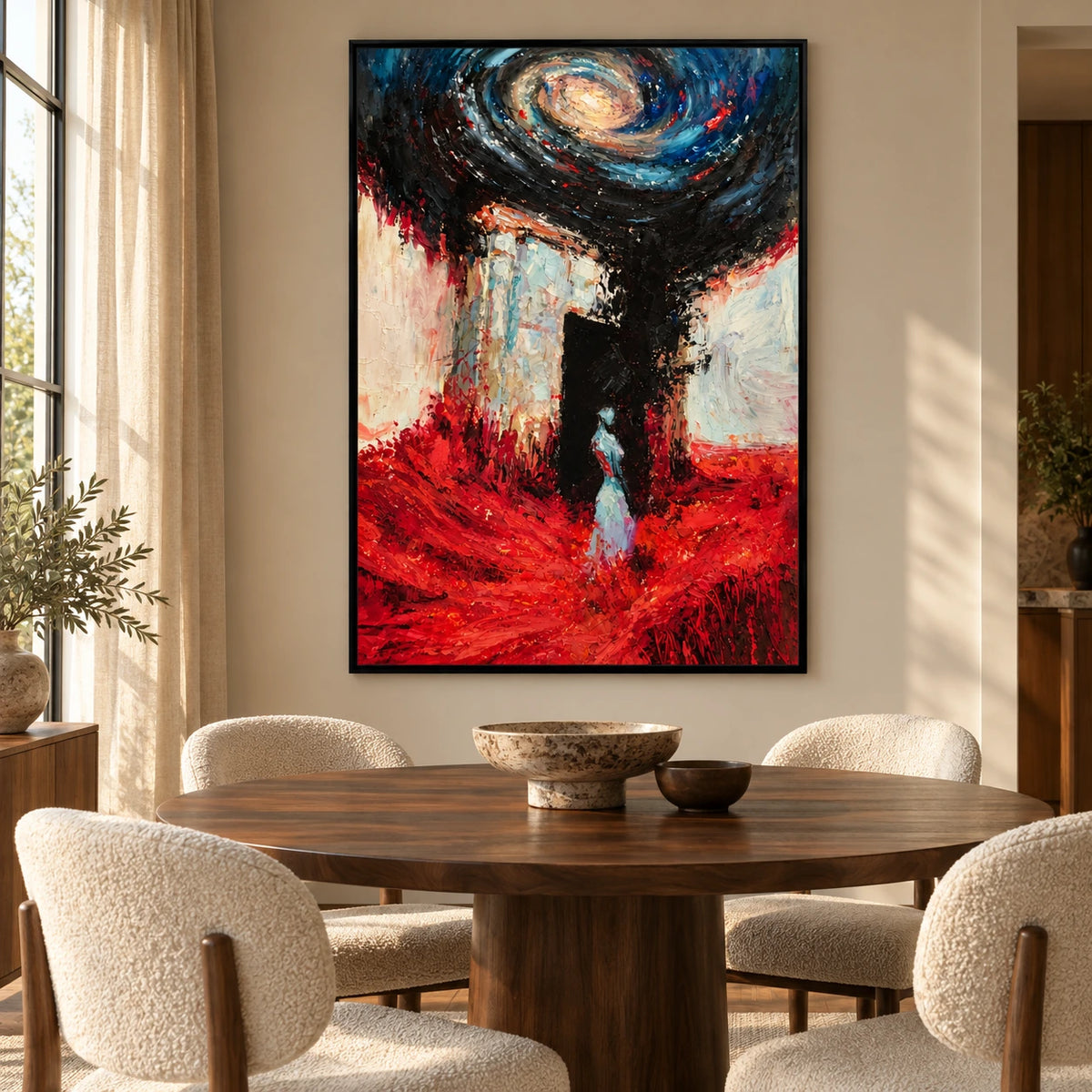 Surreal Woman and Spiral Galaxy Oil Painting | Red Blue and Black Textured Fantasy Figurative Wall Art #OA 1639