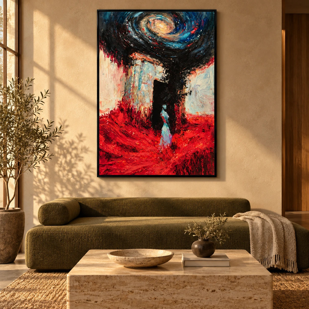 Surreal Woman and Spiral Galaxy Oil Painting | Red Blue and Black Textured Fantasy Figurative Wall Art #OA 1639
