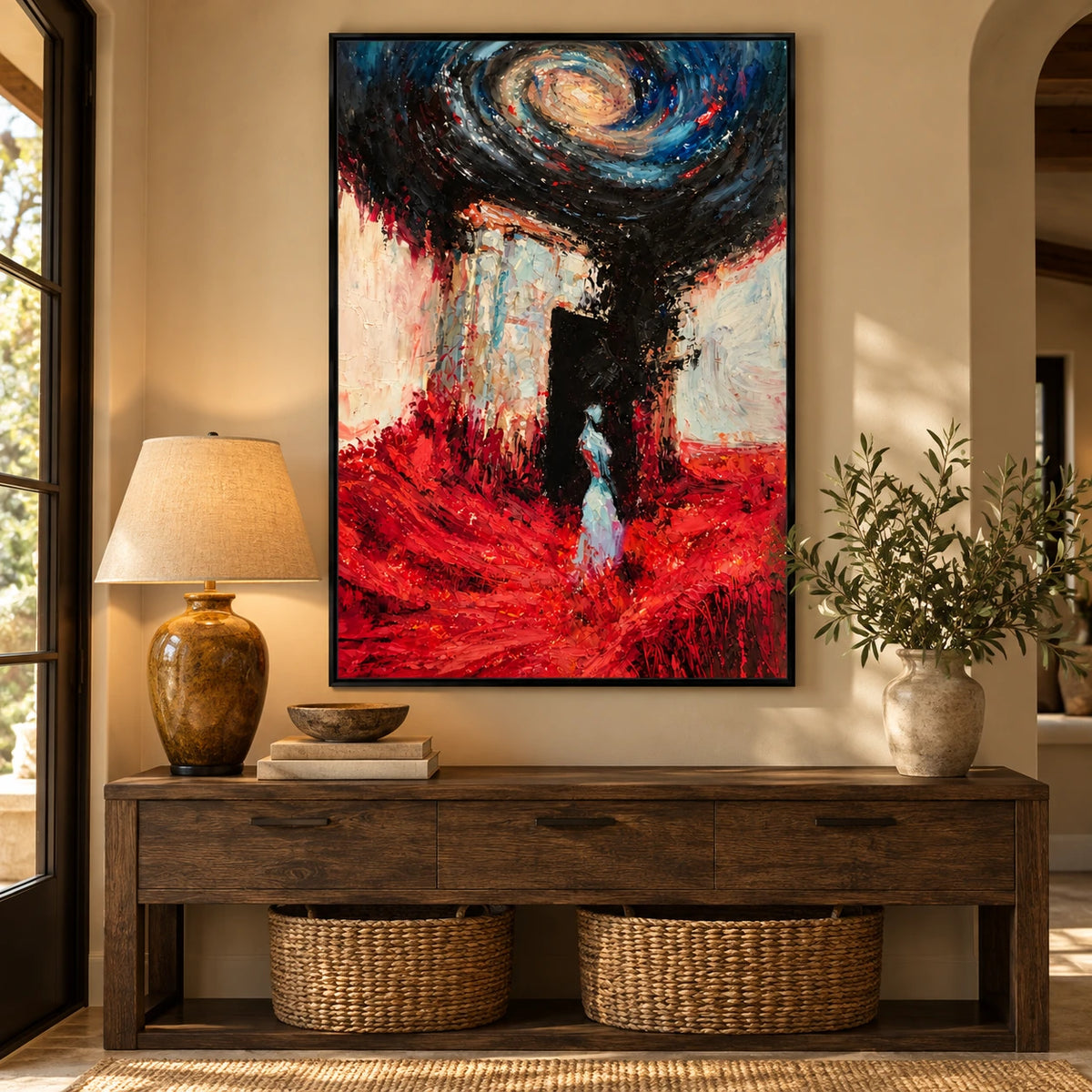 Surreal Woman and Spiral Galaxy Oil Painting | Red Blue and Black Textured Fantasy Figurative Wall Art #OA 1639