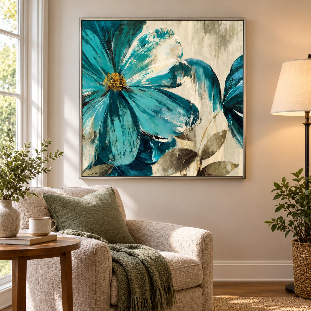Teal Blue Flowers Oil Painting | Cream Petals Gold Centers and Olive Leaves Textured Botanical Square Wall Art #OA 1707