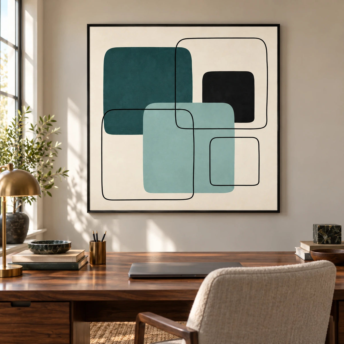 Teal Mint and Black Geometric Oil Painting | Overlapping Rounded Squares Minimalist Abstract Wall Art #OA 1699