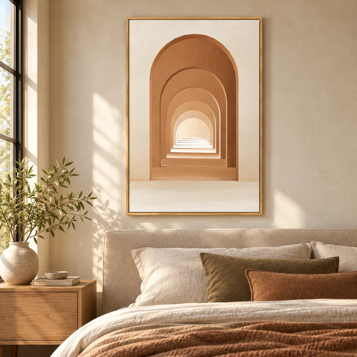 Terracotta Archway Oil Painting | Neutral Architectural Perspective Minimalist Vertical Wall Art #OA 1626