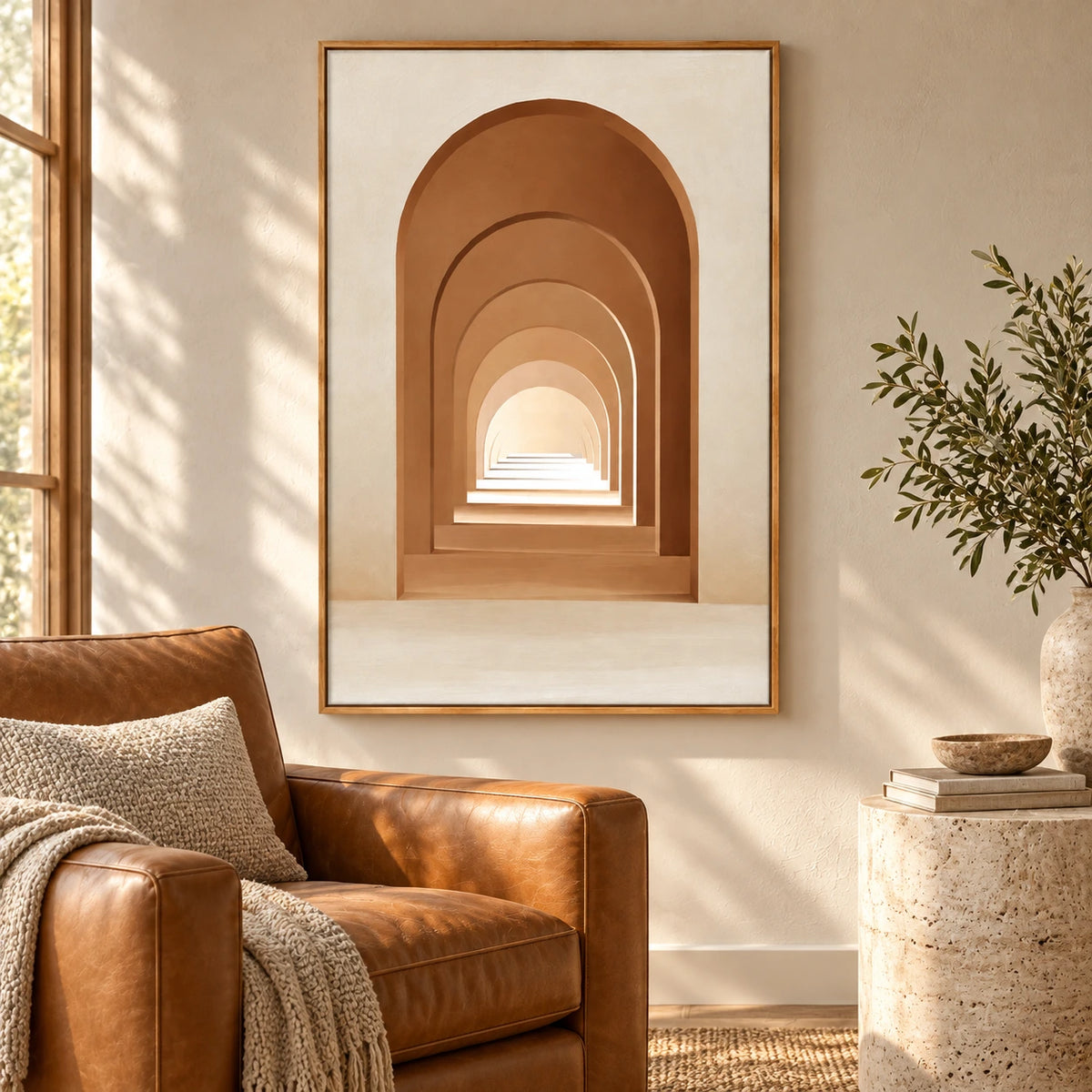 Terracotta Archway Oil Painting | Neutral Architectural Perspective Minimalist Vertical Wall Art #OA 1626