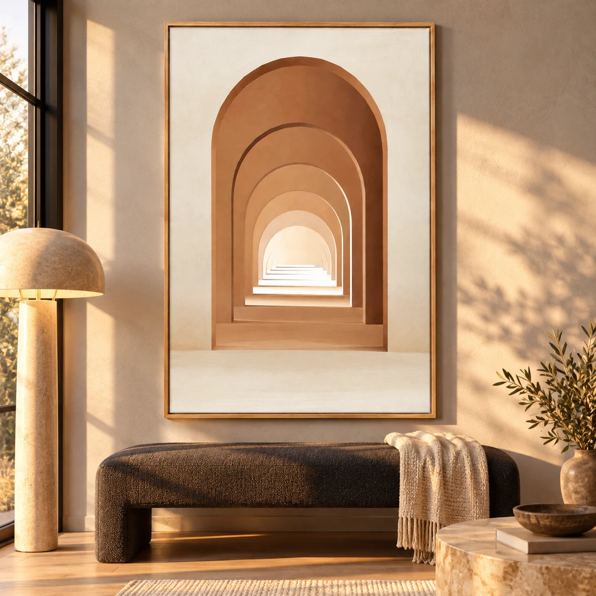 Terracotta Archway Oil Painting | Neutral Architectural Perspective Minimalist Vertical Wall Art #OA 1626