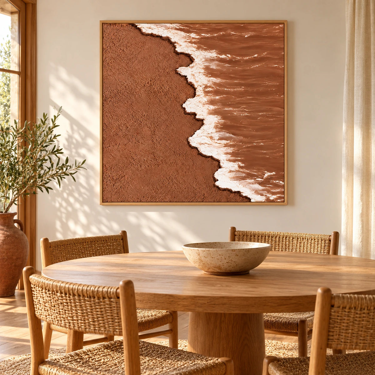 Terracotta Beach and White Ocean Foam Oil Painting | Textured Aerial Shoreline Neutral Square Wall Art #OA 1659