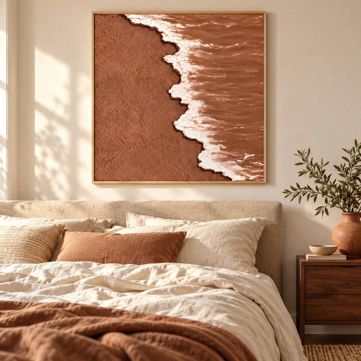 Terracotta Beach and White Ocean Foam Oil Painting | Textured Aerial Shoreline Neutral Square Wall Art #OA 1659