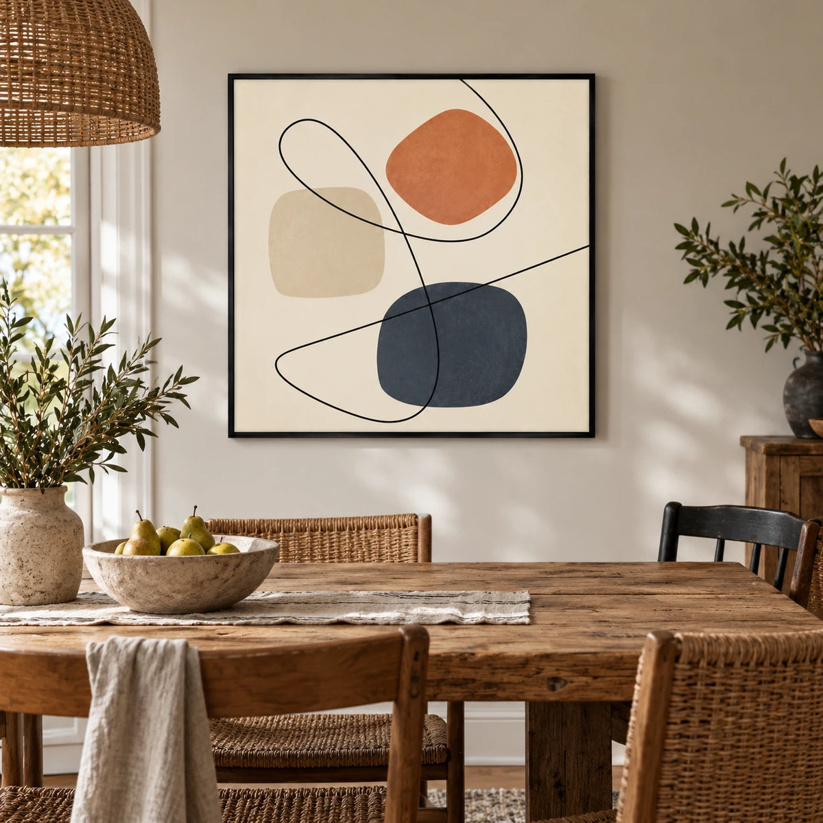 Terracotta Blue and Beige Shapes Oil Painting | Looping Black Lines on Cream Minimalist Square Abstract Wall Art OA 1768