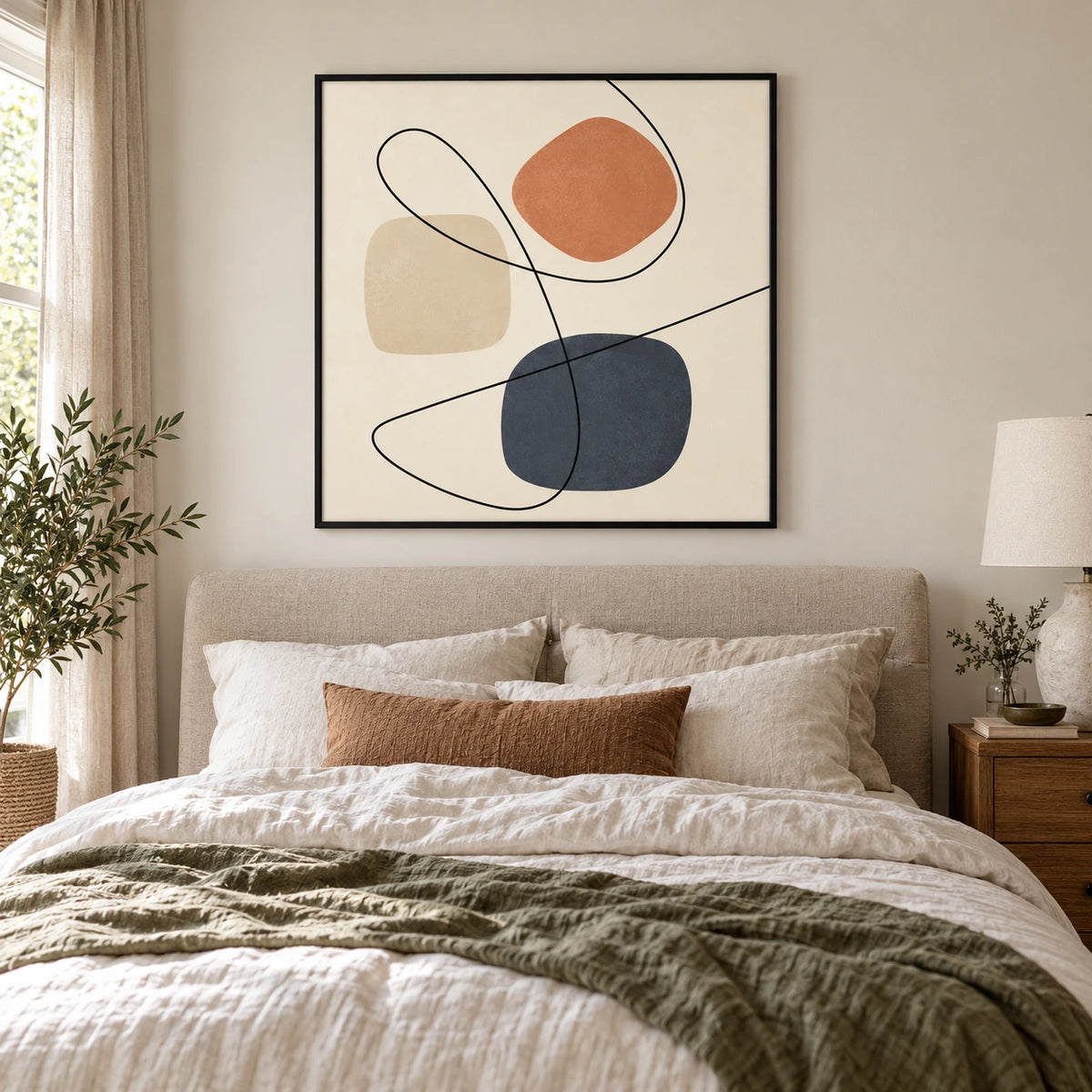 Terracotta Blue and Beige Shapes Oil Painting | Looping Black Lines on Cream Minimalist Square Abstract Wall Art OA 1768