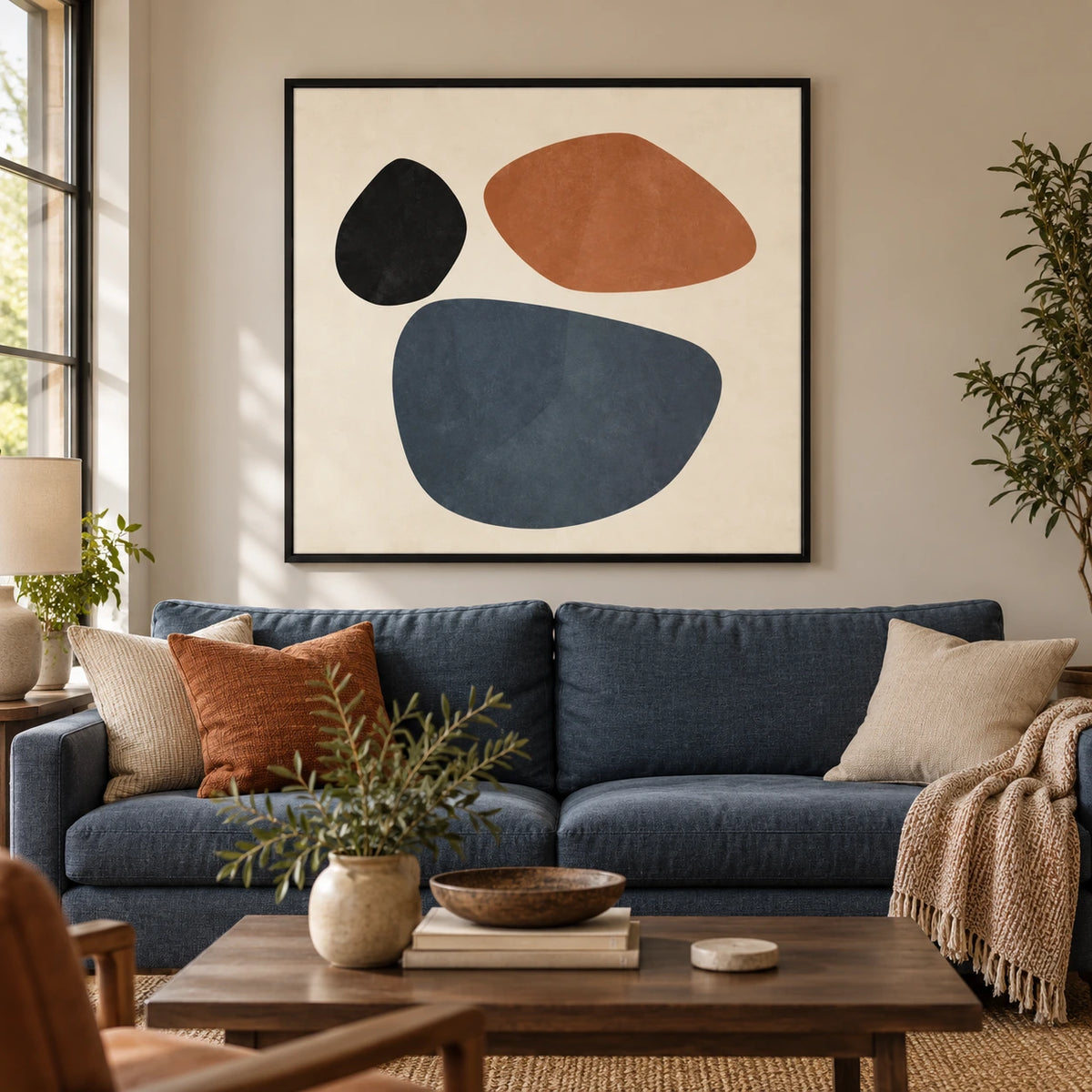 Terracotta Blue and Black Pebble Shapes Oil Painting | Minimalist Organic Geometric Square Wall Art #OA 1696