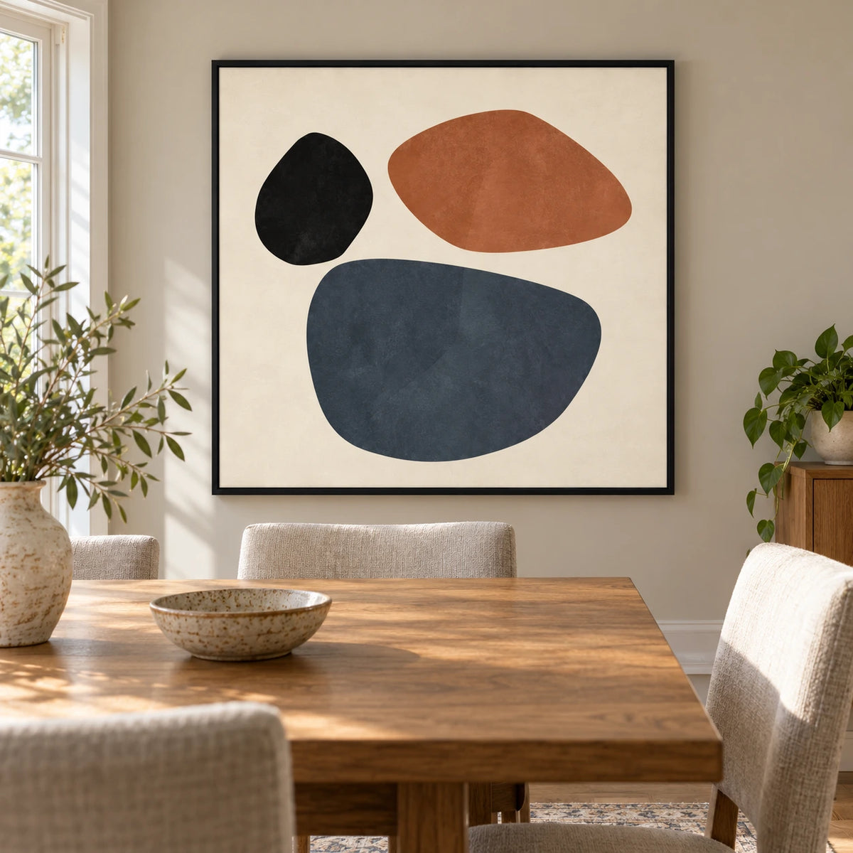 Terracotta Blue and Black Pebble Shapes Oil Painting | Minimalist Organic Geometric Square Wall Art #OA 1696