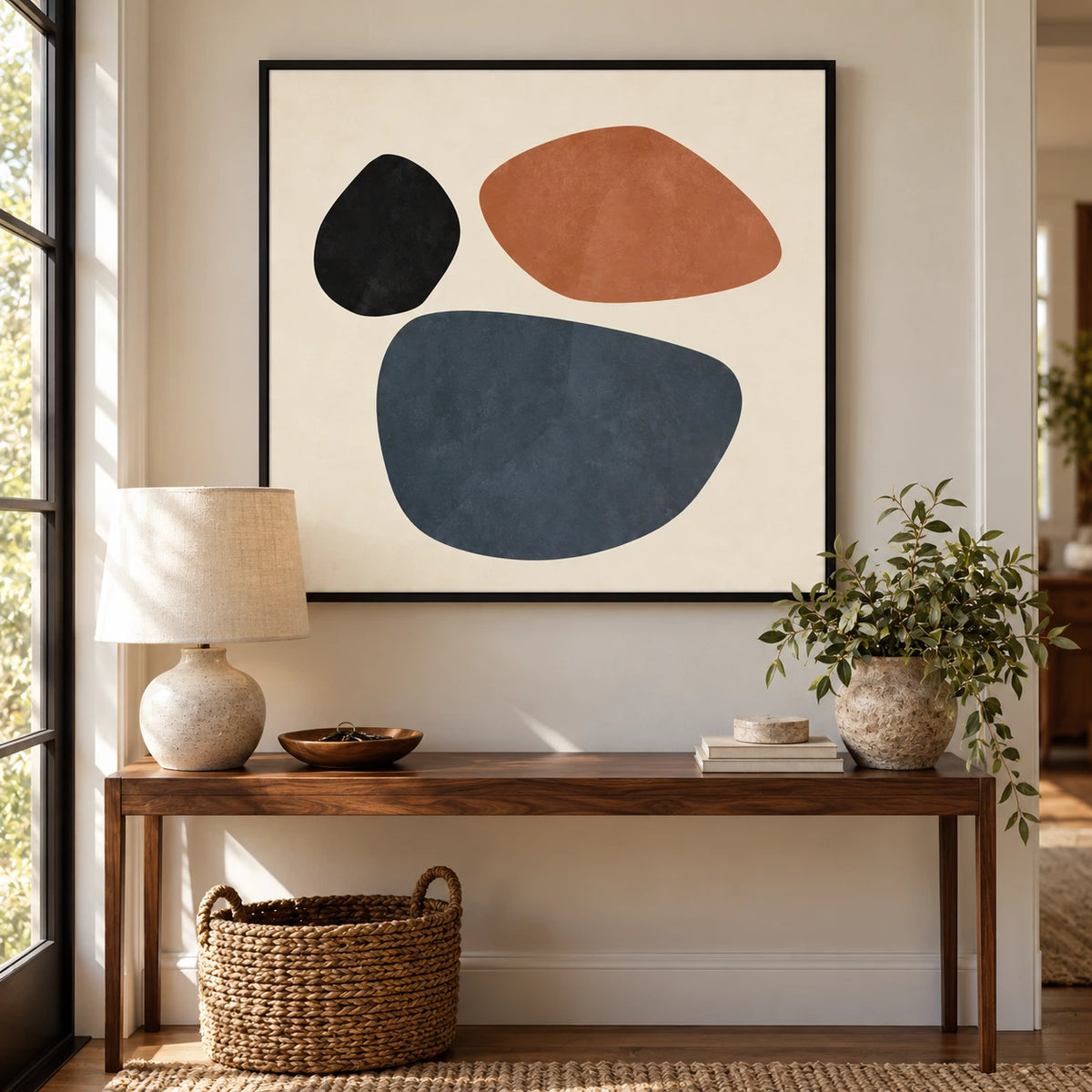 Terracotta Blue and Black Pebble Shapes Oil Painting | Minimalist Organic Geometric Square Wall Art #OA 1696