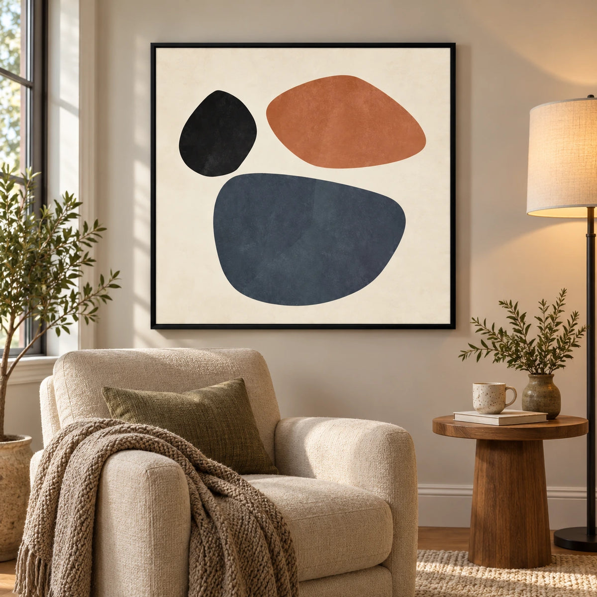 Terracotta Blue and Black Pebble Shapes Oil Painting | Minimalist Organic Geometric Square Wall Art #OA 1696