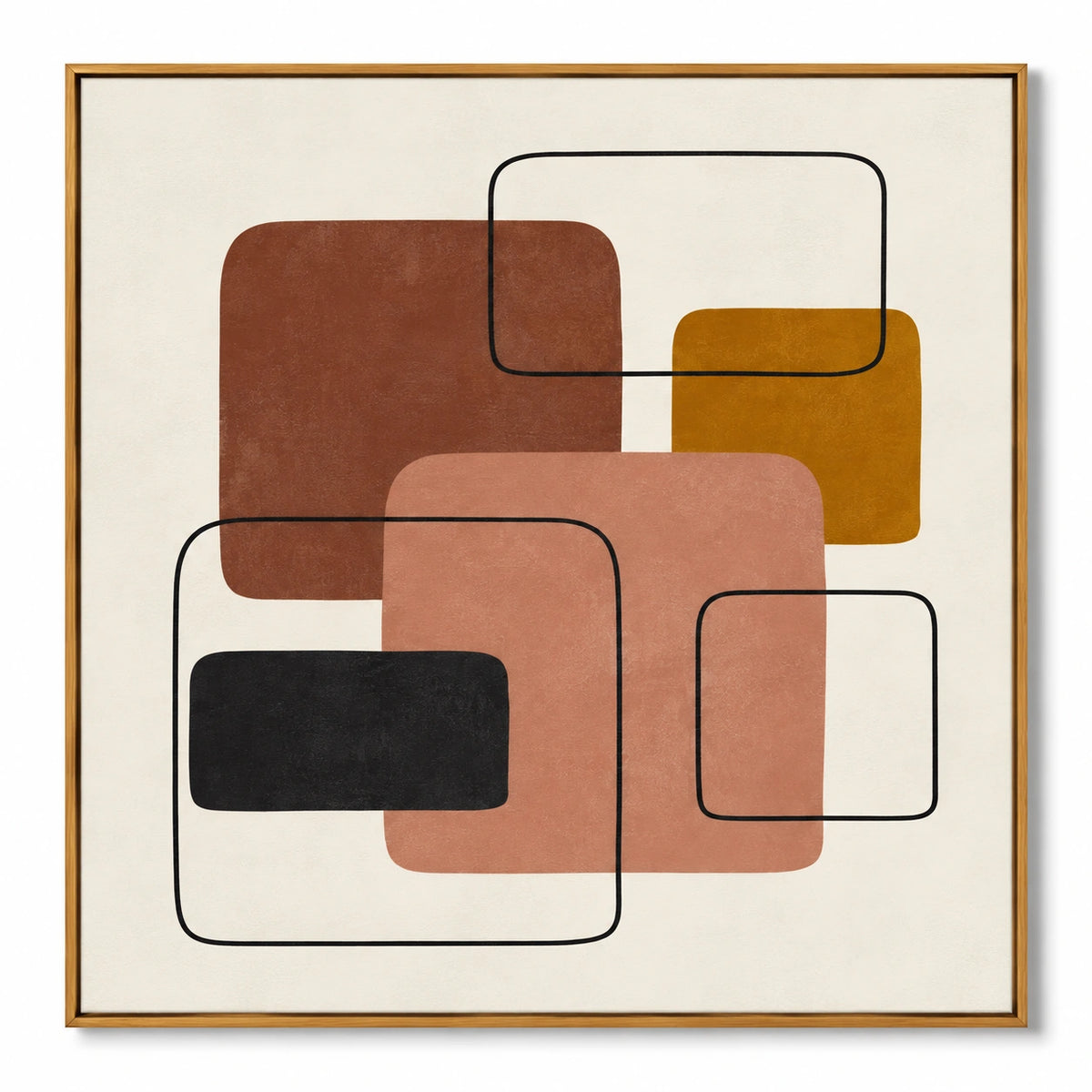 Terracotta Peach and Ochre Geometric Abstract Oil Painting | Black Rounded Rectangle Lines Square Wall Art #OA 1646