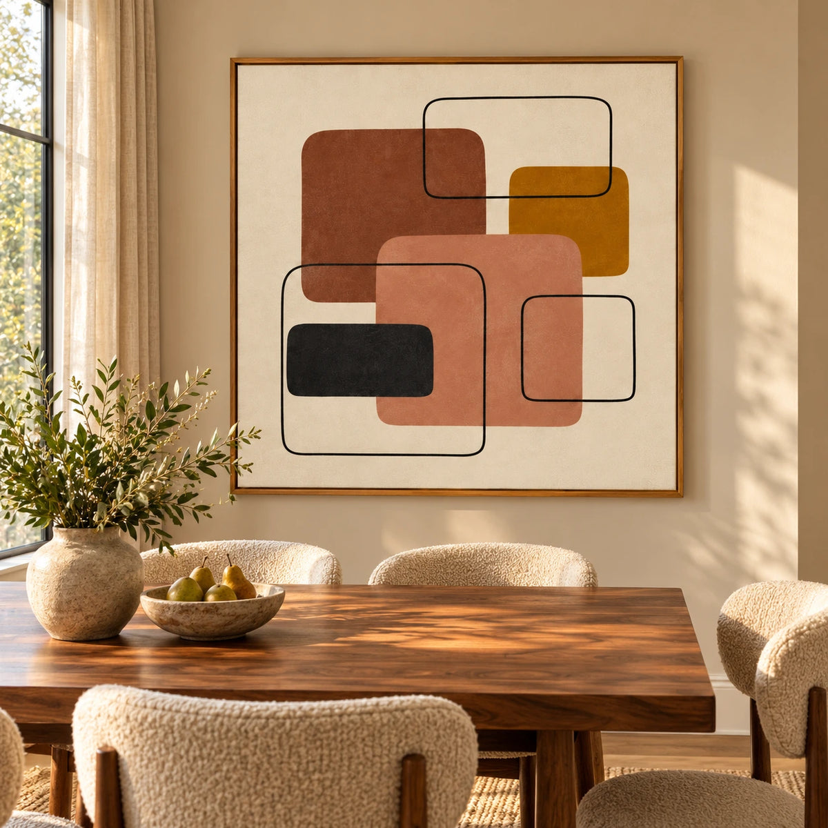 Terracotta Peach and Ochre Geometric Abstract Oil Painting | Black Rounded Rectangle Lines Square Wall Art #OA 1646