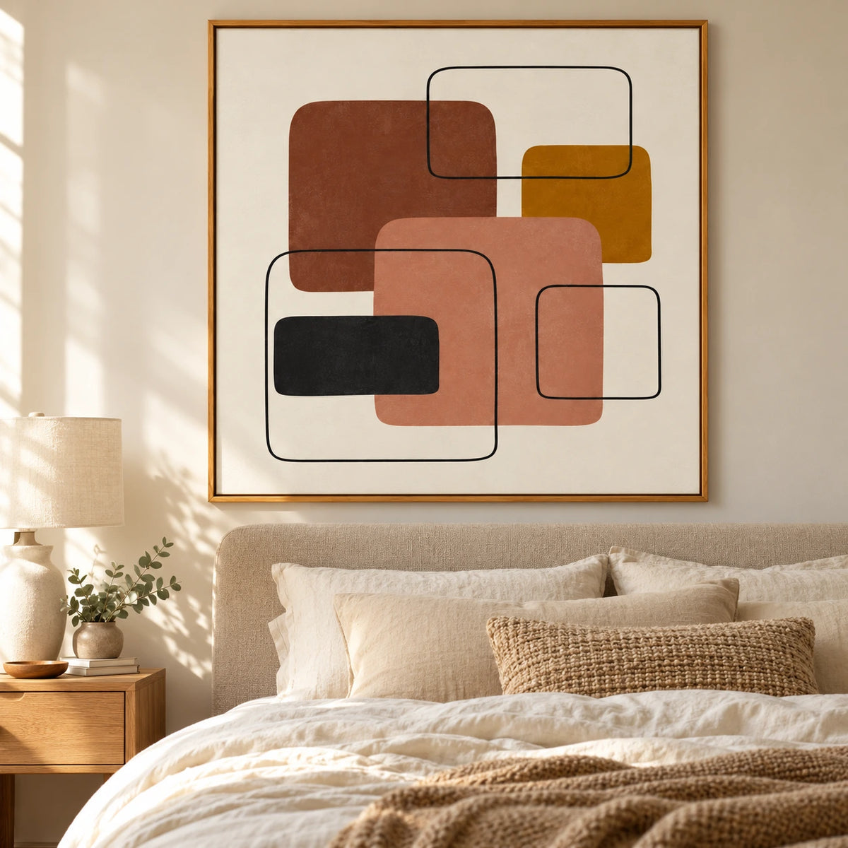 Terracotta Peach and Ochre Geometric Abstract Oil Painting | Black Rounded Rectangle Lines Square Wall Art #OA 1646