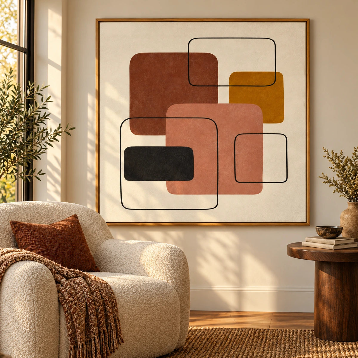 Terracotta Peach and Ochre Geometric Abstract Oil Painting | Black Rounded Rectangle Lines Square Wall Art #OA 1646