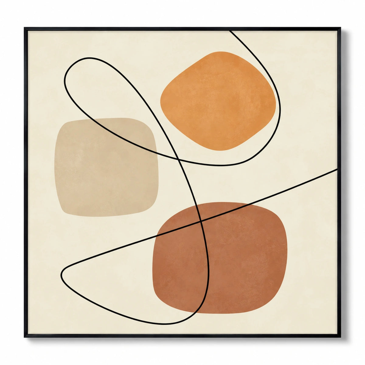 Terracotta and Beige Abstract Oil Painting | Flowing Black Lines and Organic Shapes Square Wall Art #OA 1655