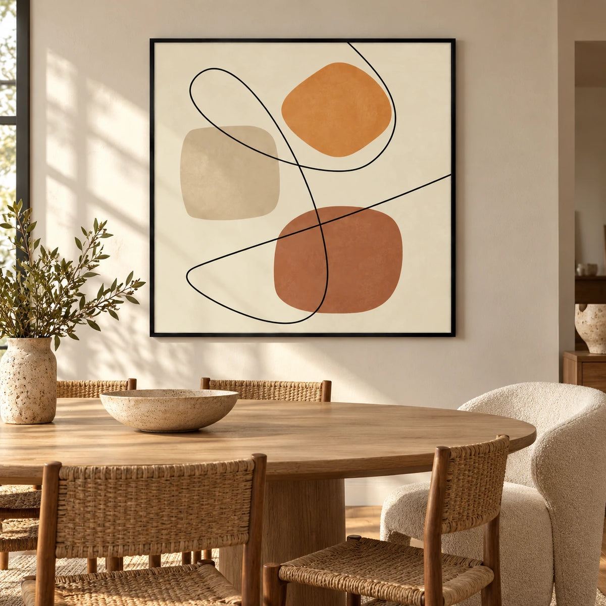 Terracotta and Beige Abstract Oil Painting | Flowing Black Lines and Organic Shapes Square Wall Art #OA 1655