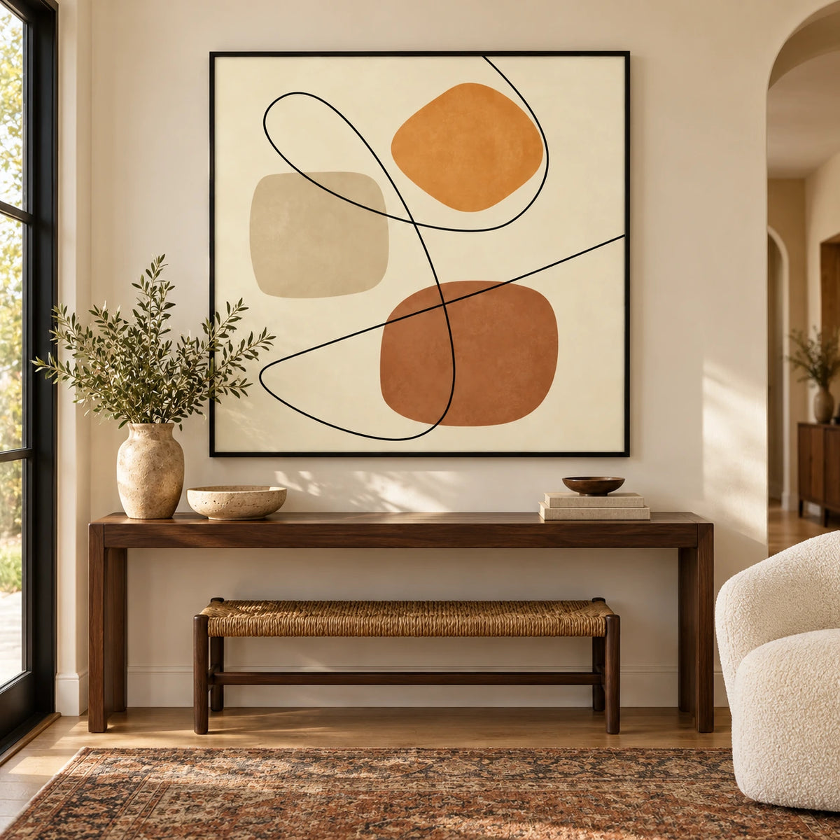 Terracotta and Beige Abstract Oil Painting | Flowing Black Lines and Organic Shapes Square Wall Art #OA 1655