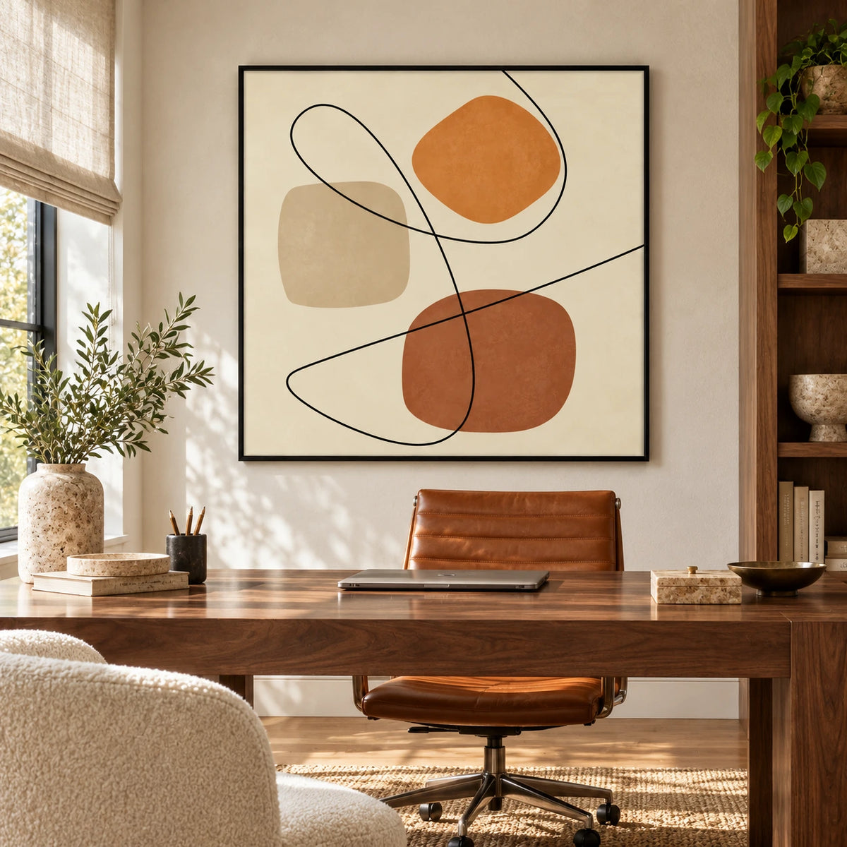 Terracotta and Beige Abstract Oil Painting | Flowing Black Lines and Organic Shapes Square Wall Art #OA 1655