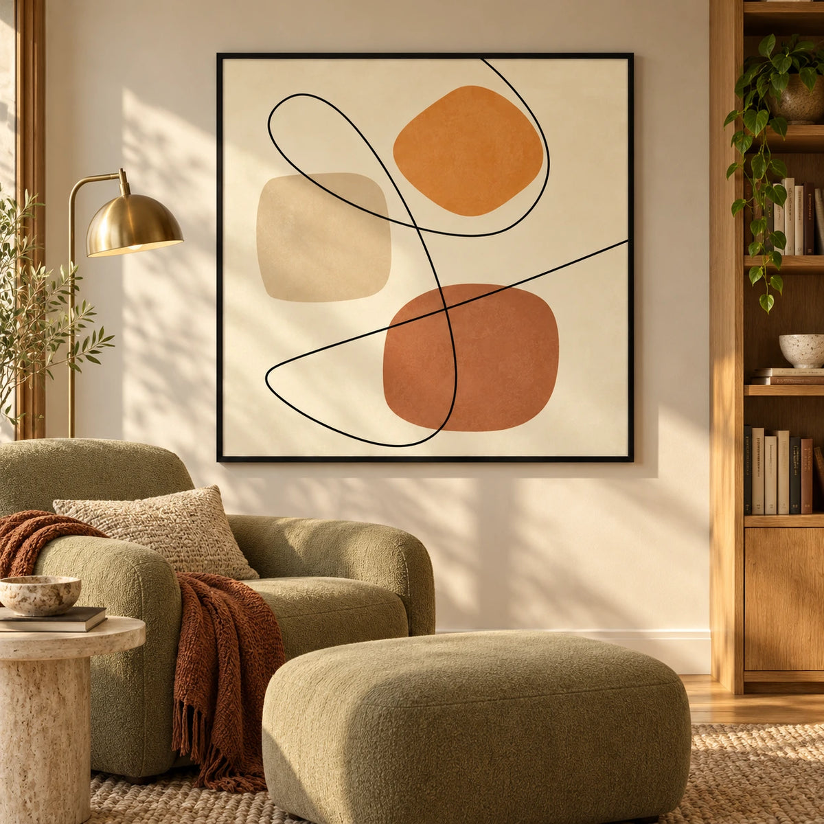 Terracotta and Beige Abstract Oil Painting | Flowing Black Lines and Organic Shapes Square Wall Art #OA 1655