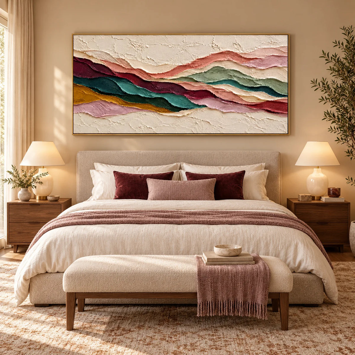 Textured Abstract Mountain Landscape Oil Painting, Hand Painted Earth Tone Impasto Wall Art for Living Room Bedroom | Ownanart